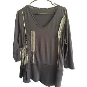 Unique Black Mixed Media V-Neck Tunic Top - Size L